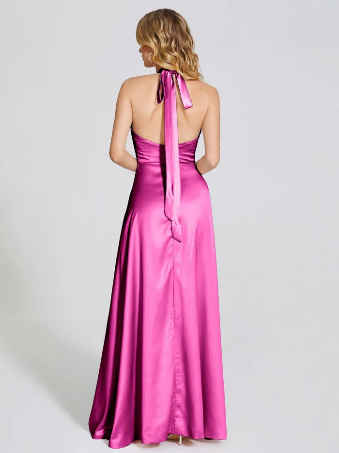 V-Neck Spaghetti Straps Satin Bridesmaid DressLola Halter Soft Satin Bridesmaid Dress With Cutout