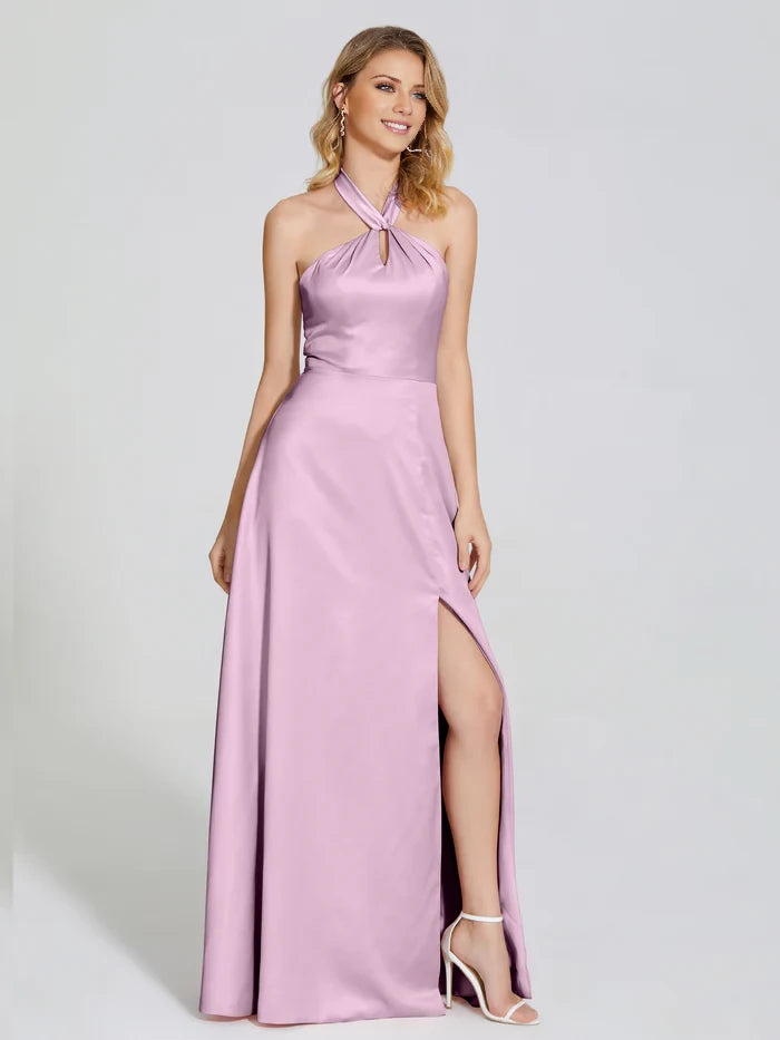V-Neck Spaghetti Straps Satin Bridesmaid DressLola Halter Soft Satin Bridesmaid Dress With Cutout