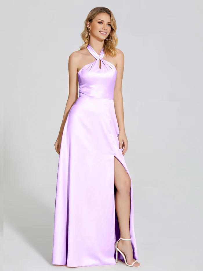 V-Neck Spaghetti Straps Satin Bridesmaid DressLola Halter Soft Satin Bridesmaid Dress With Cutout