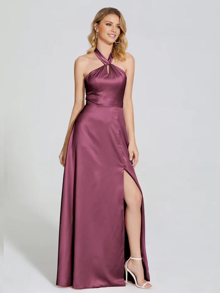 V-Neck Spaghetti Straps Satin Bridesmaid DressLola Halter Soft Satin Bridesmaid Dress With Cutout