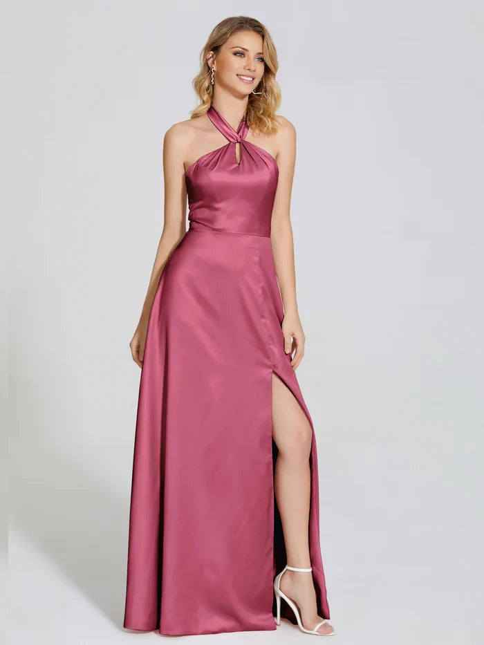 V-Neck Spaghetti Straps Satin Bridesmaid DressLola Halter Soft Satin Bridesmaid Dress With Cutout