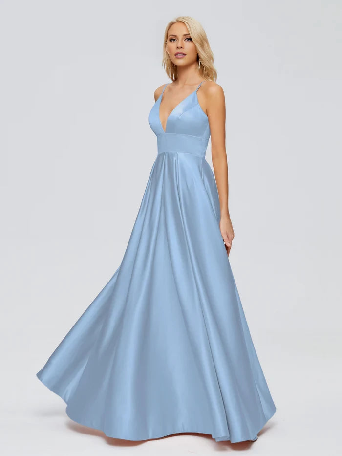 V-Neck Spaghetti Straps Satin Bridesmaid Dresses
