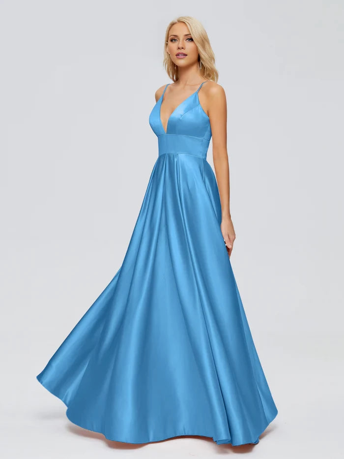 V-Neck Spaghetti Straps Satin Bridesmaid Dresses