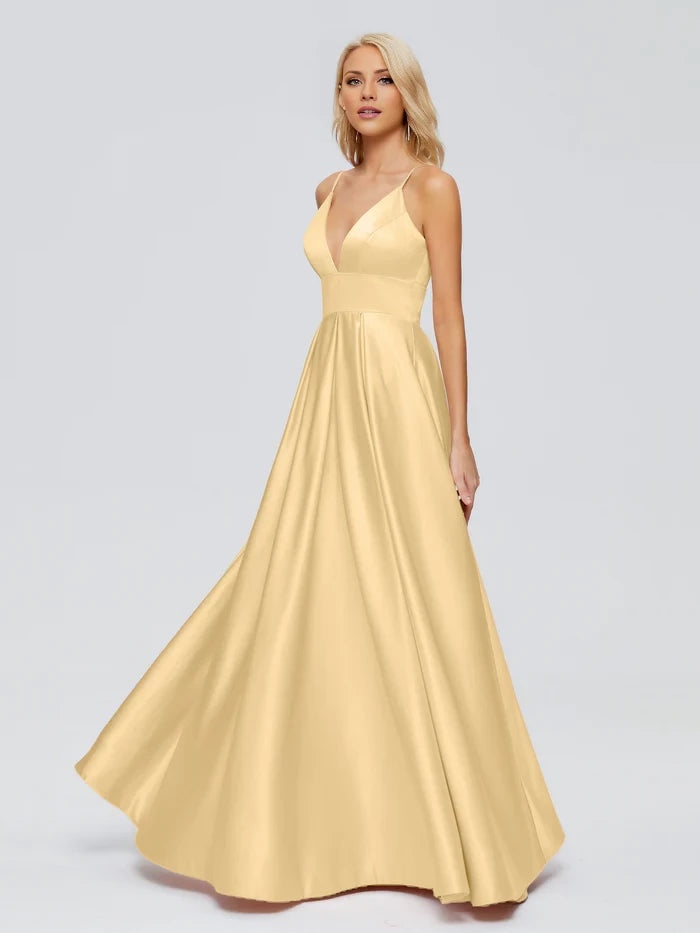 V-Neck Spaghetti Straps Satin Bridesmaid Dresses