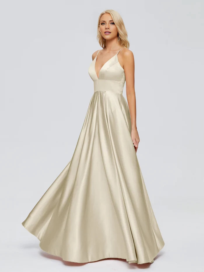 V-Neck Spaghetti Straps Satin Bridesmaid Dresses