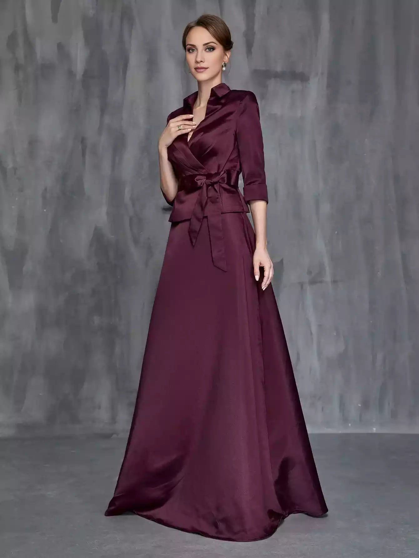 V-Neck Womens' Solid Satin Two Piece Sets Mother of the Bride Dress