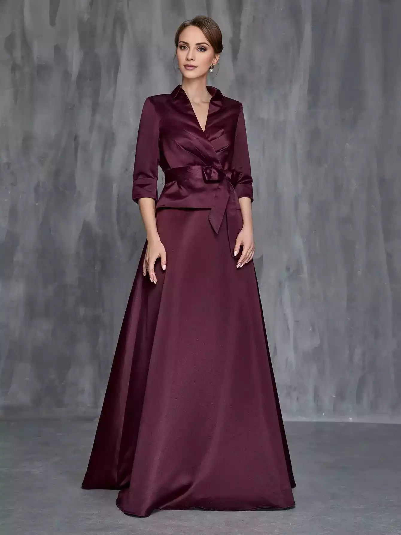 V-Neck Womens' Solid Satin Two Piece Sets Mother of the Bride Dress