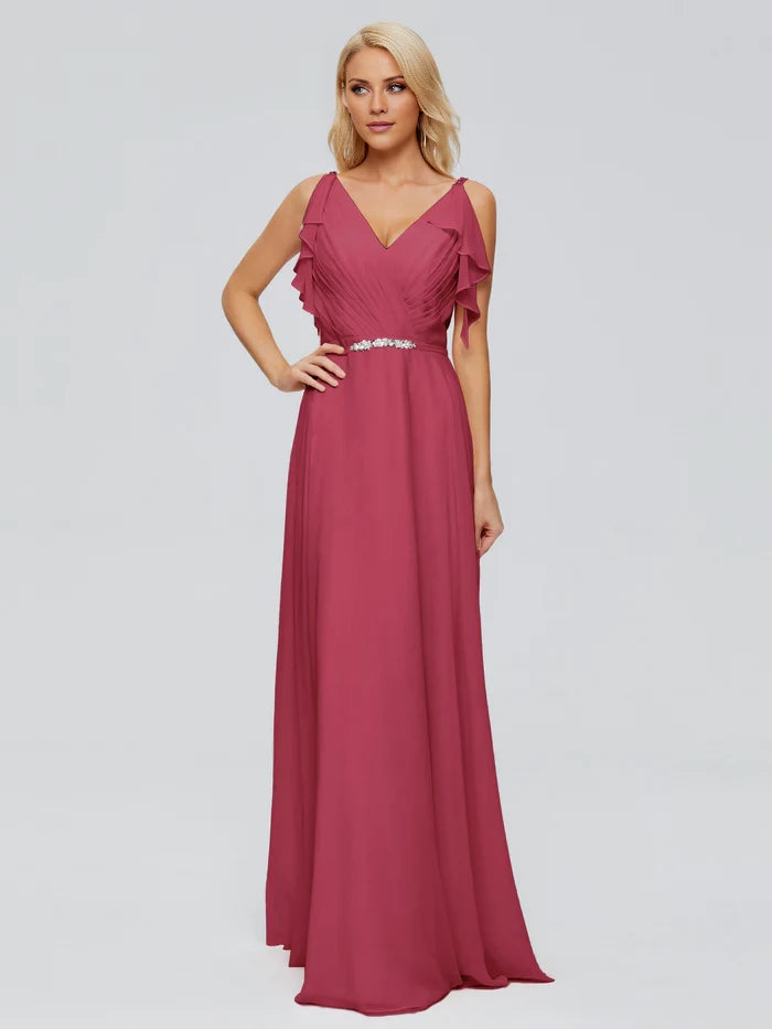 V-back SleevelessRuched Chiffon Bridesmaid Dresses