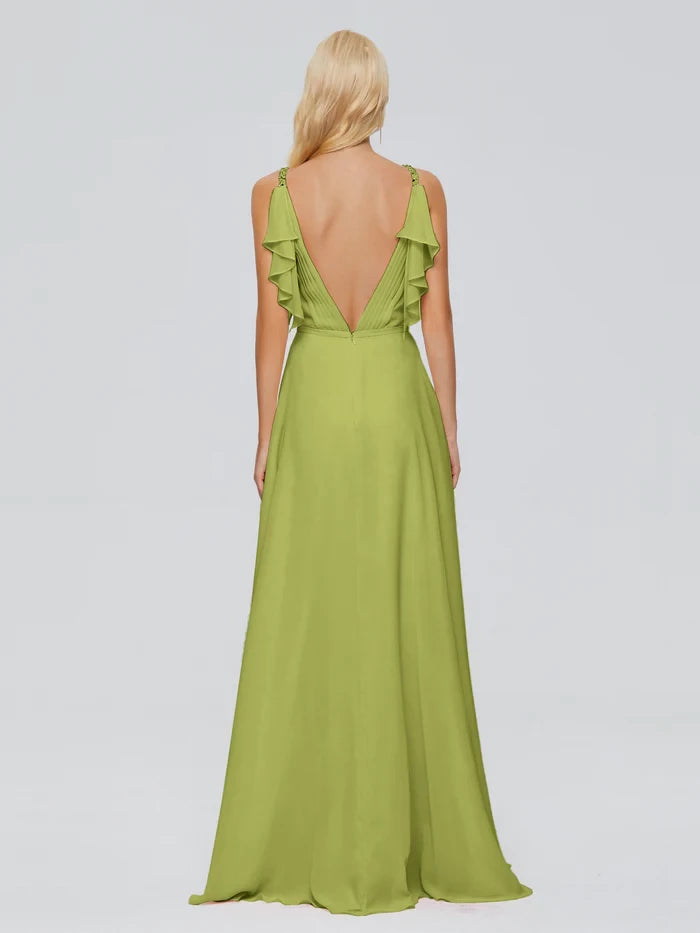 V-back SleevelessRuched Chiffon Bridesmaid Dresses