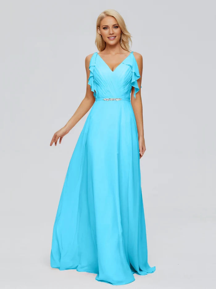 V-back SleevelessRuched Chiffon Bridesmaid Dresses