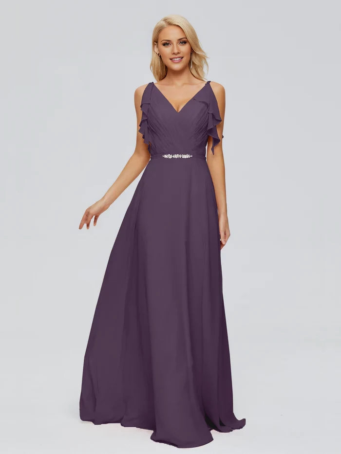 V-back SleevelessRuched Chiffon Bridesmaid Dresses