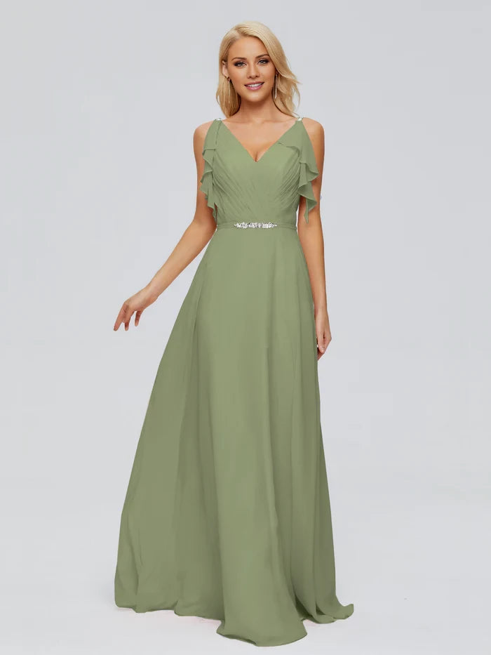V-back SleevelessRuched Chiffon Bridesmaid Dresses