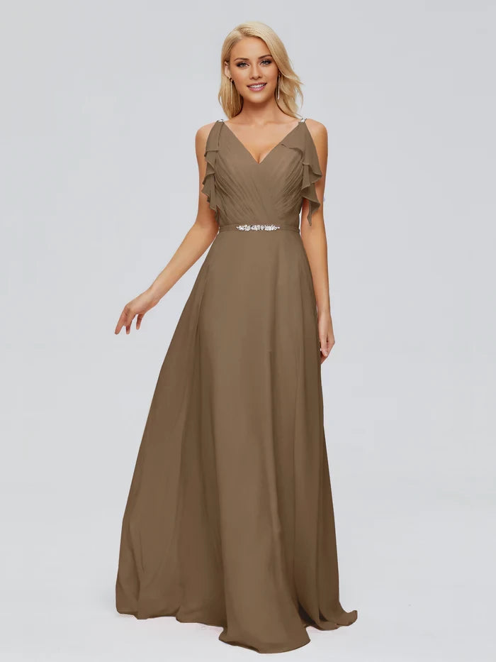 V-back SleevelessRuched Chiffon Bridesmaid Dresses