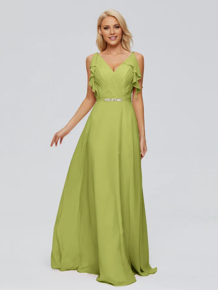 V-back SleevelessRuched Chiffon Bridesmaid Dresses