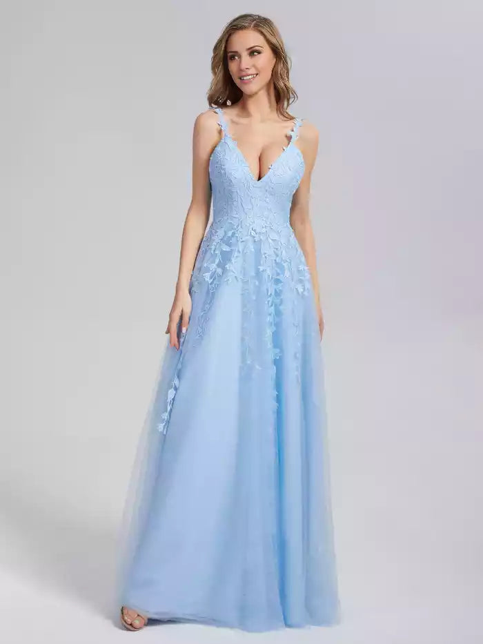 V neck Backless Floor Length  Sleeveless Appliques Prom Dresses