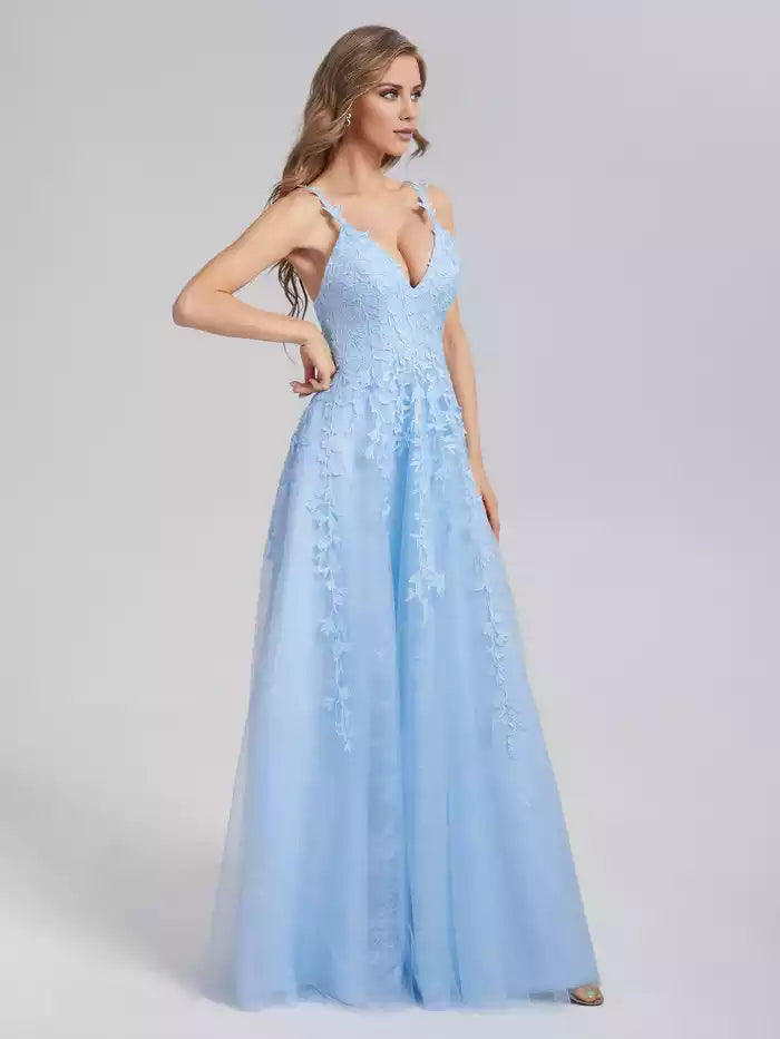 V neck Backless Floor Length  Sleeveless Appliques Prom Dresses