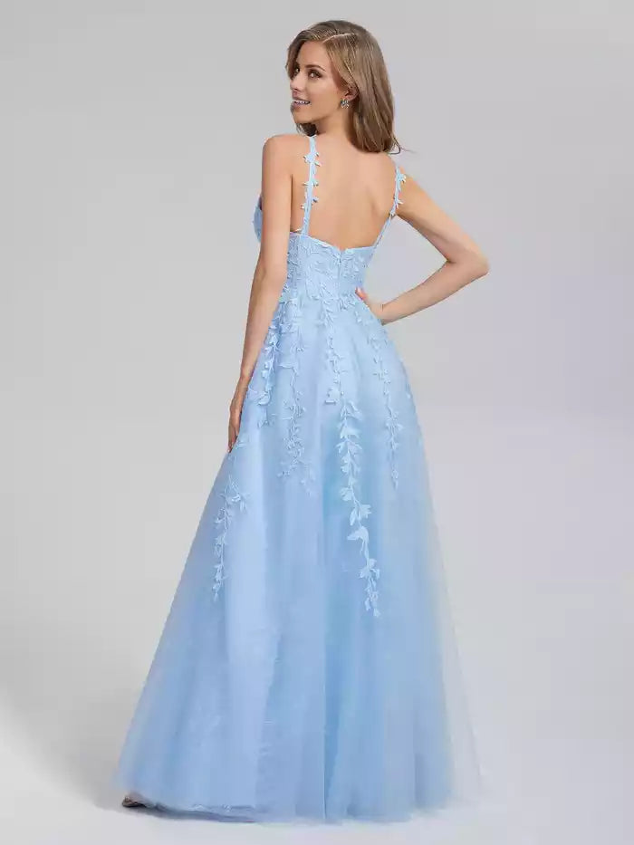V neck Backless Floor Length  Sleeveless Appliques Prom Dresses