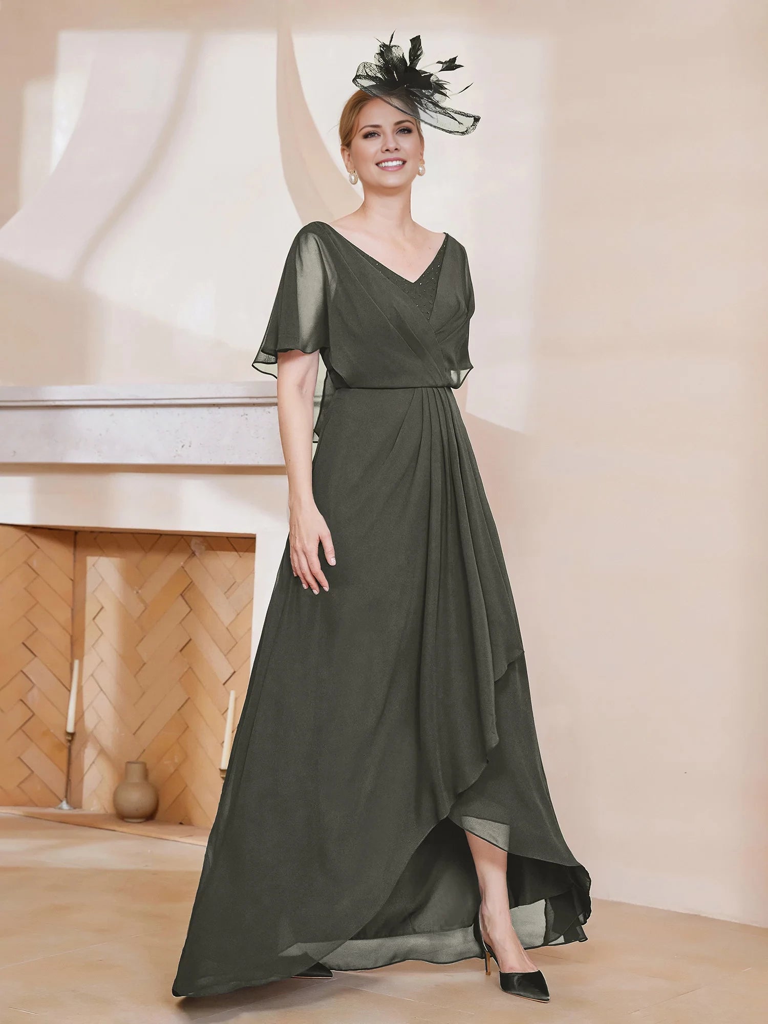 V-neck Flutter Sleeves Asymmetrical Dress Mother of the Bride Dresses