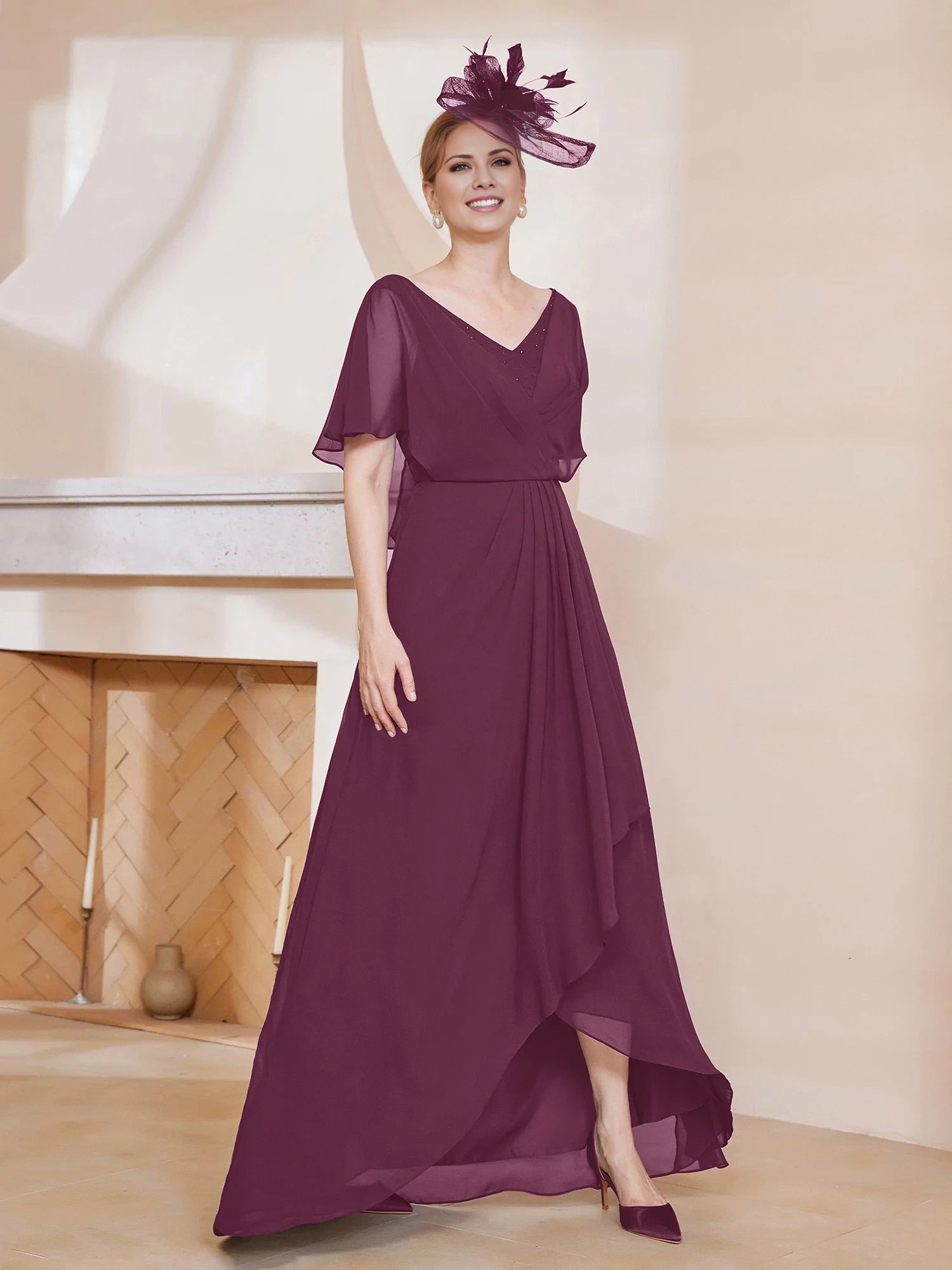 V-neck Flutter Sleeves Asymmetrical Dress Mother of the Bride Dresses