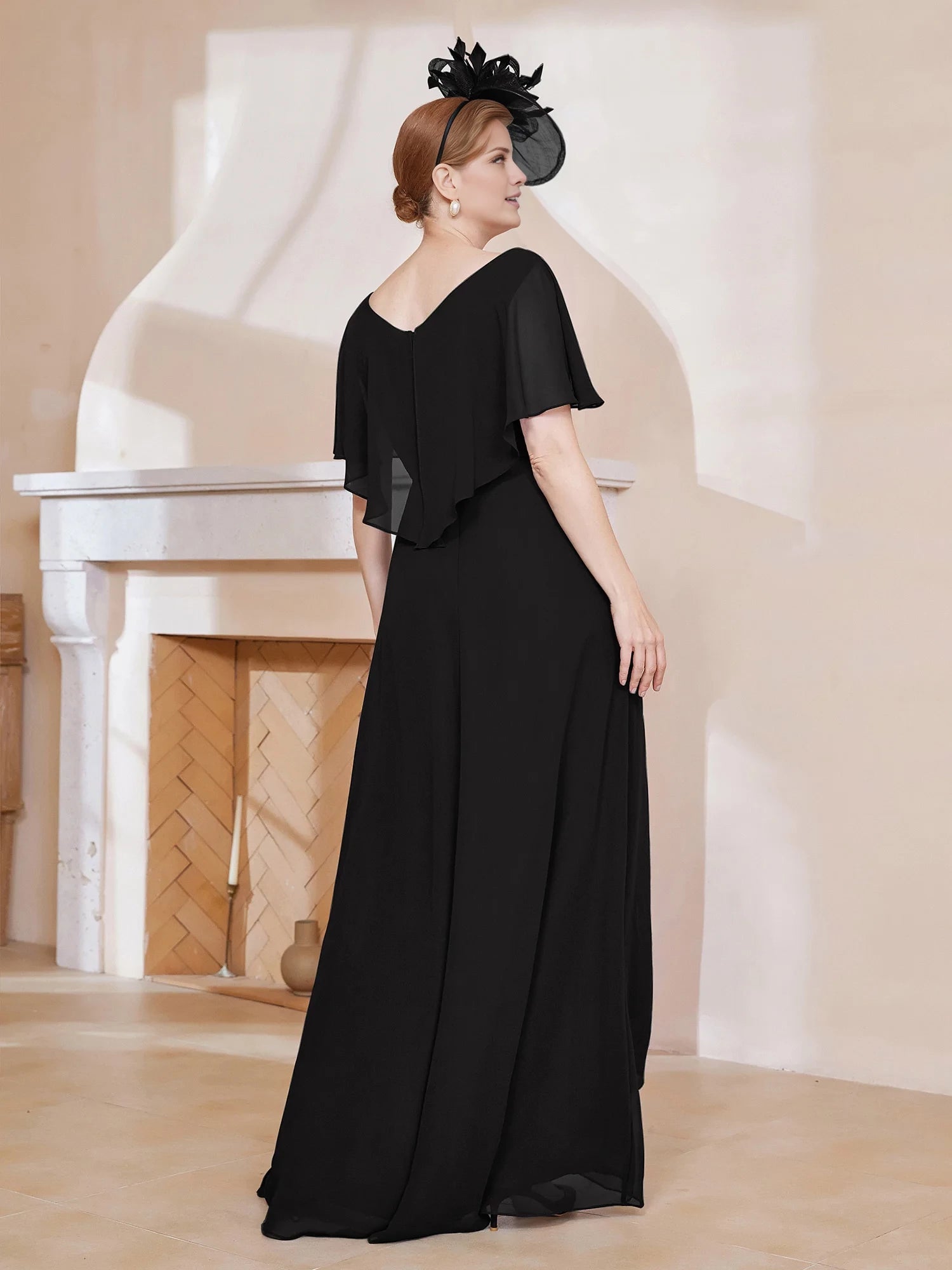 V-neck Flutter Sleeves Asymmetrical Dress Mother of the Bride Dresses