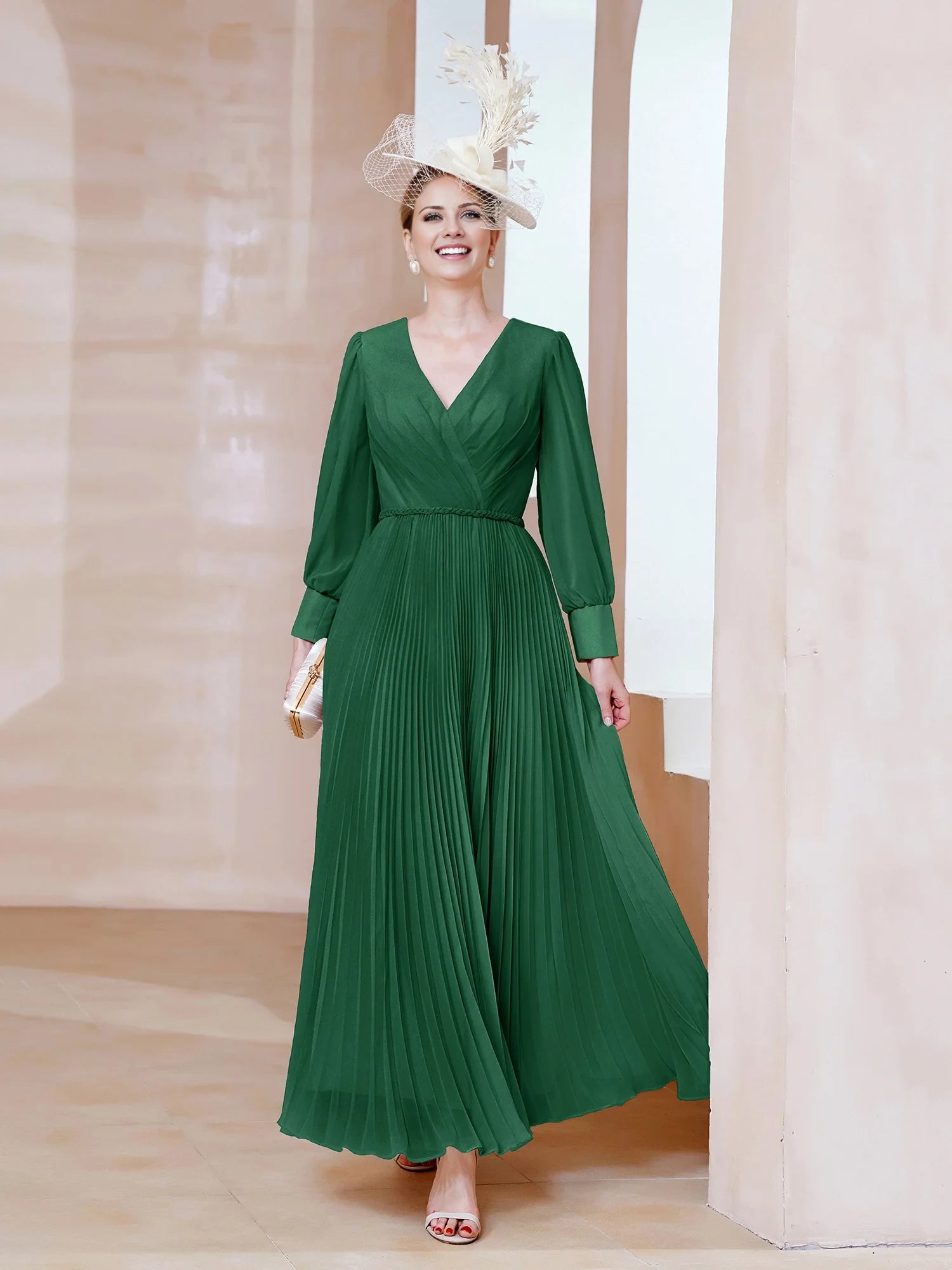V-neck Long Sleeves Pleated Ruched Dress Mother of the Bride Dresses