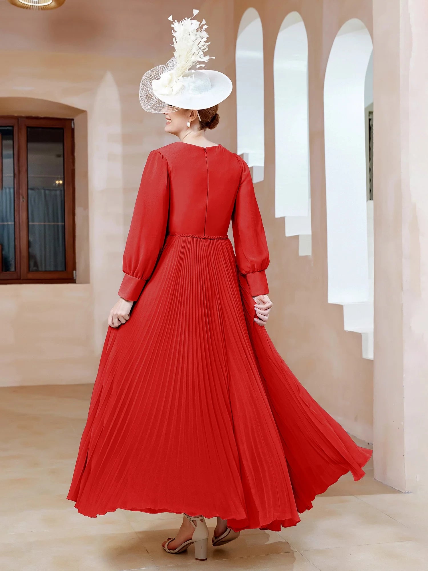 V-neck Long Sleeves Pleated Ruched Dress Mother of the Bride Dresses
