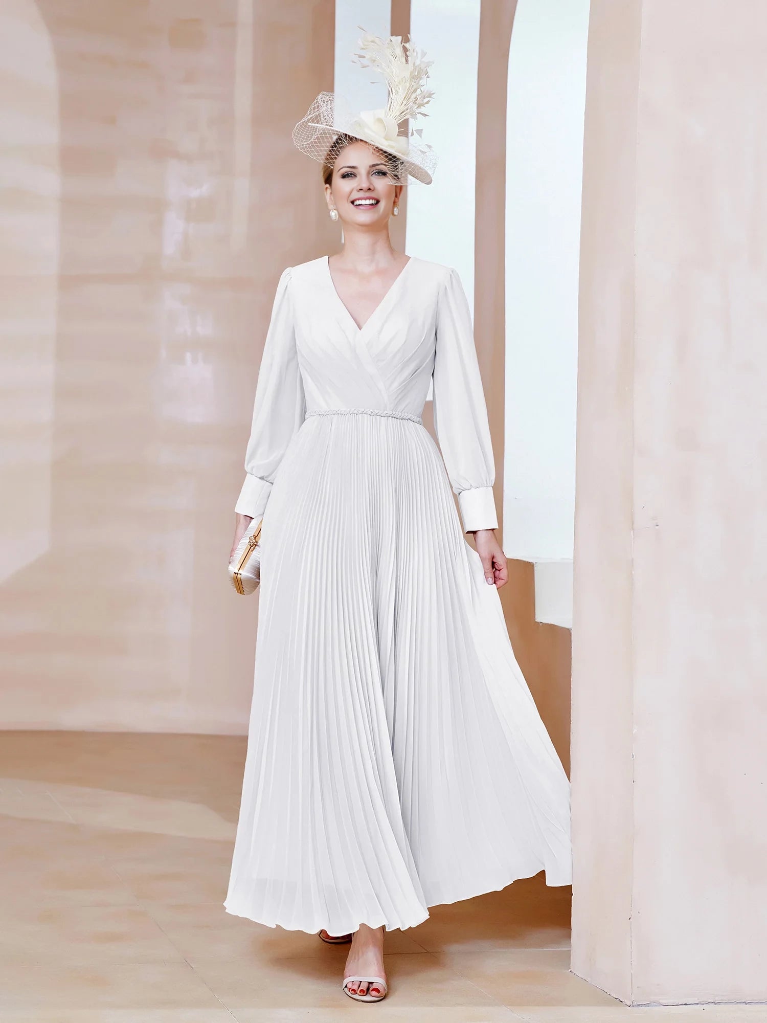 V-neck Long Sleeves Pleated Ruched Dress Mother of the Bride Dresses
