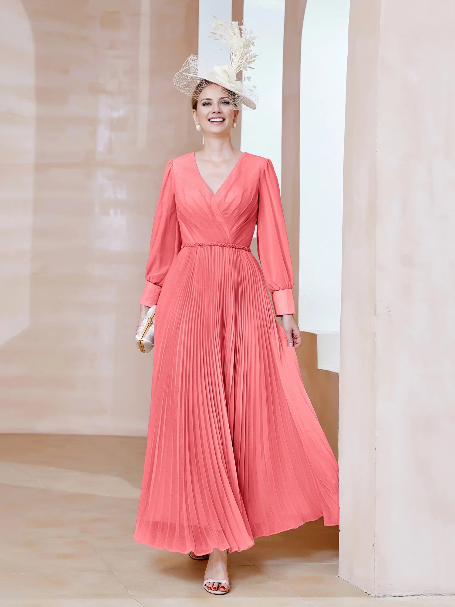 V-neck Long Sleeves Pleated Ruched Dress Mother of the Bride Dresses