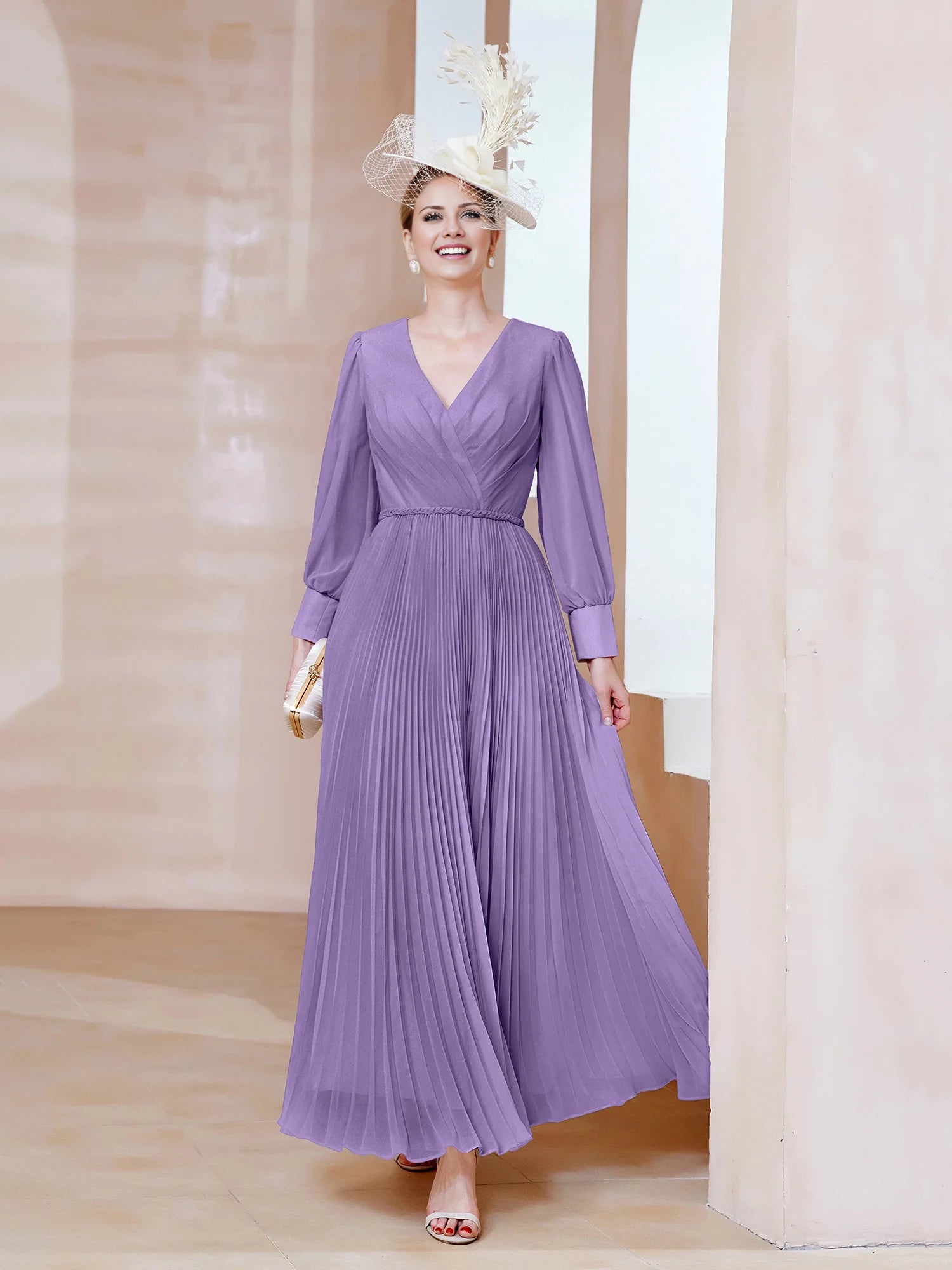 V-neck Long Sleeves Pleated Ruched Dress Mother of the Bride Dresses