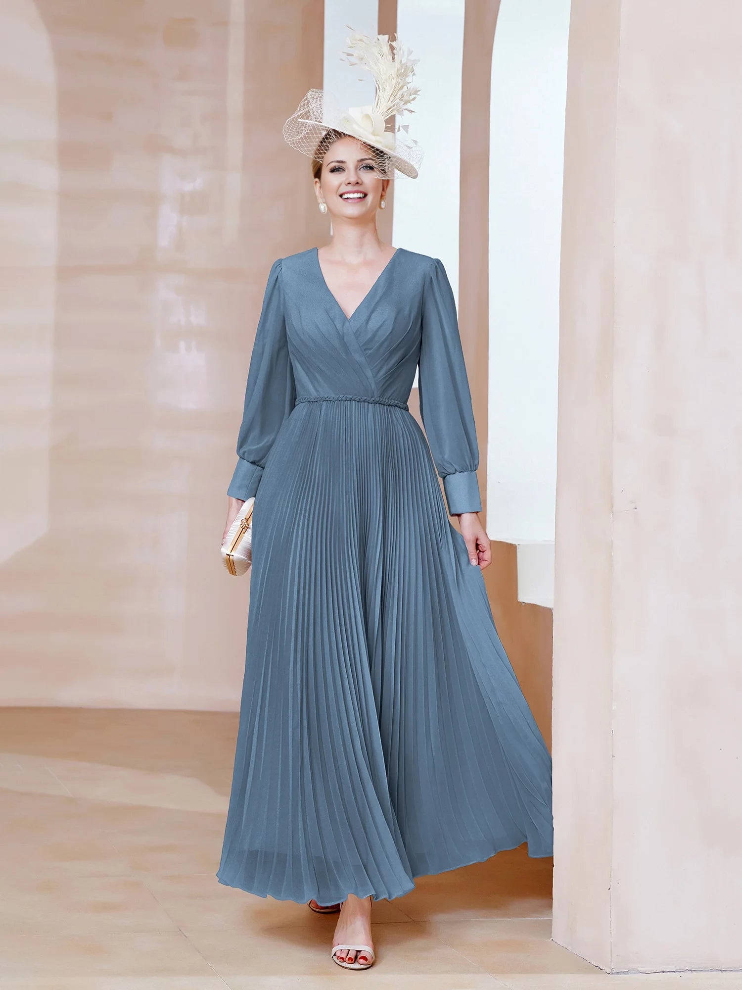 V-neck Long Sleeves Pleated Ruched Dress Mother of the Bride Dresses