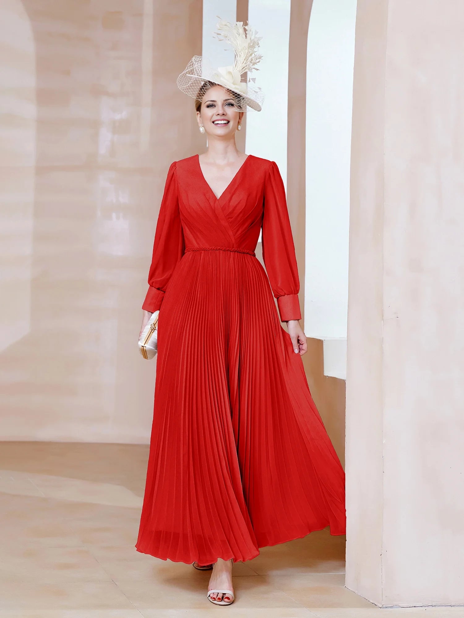 V-neck Long Sleeves Pleated Ruched Dress Mother of the Bride Dresses