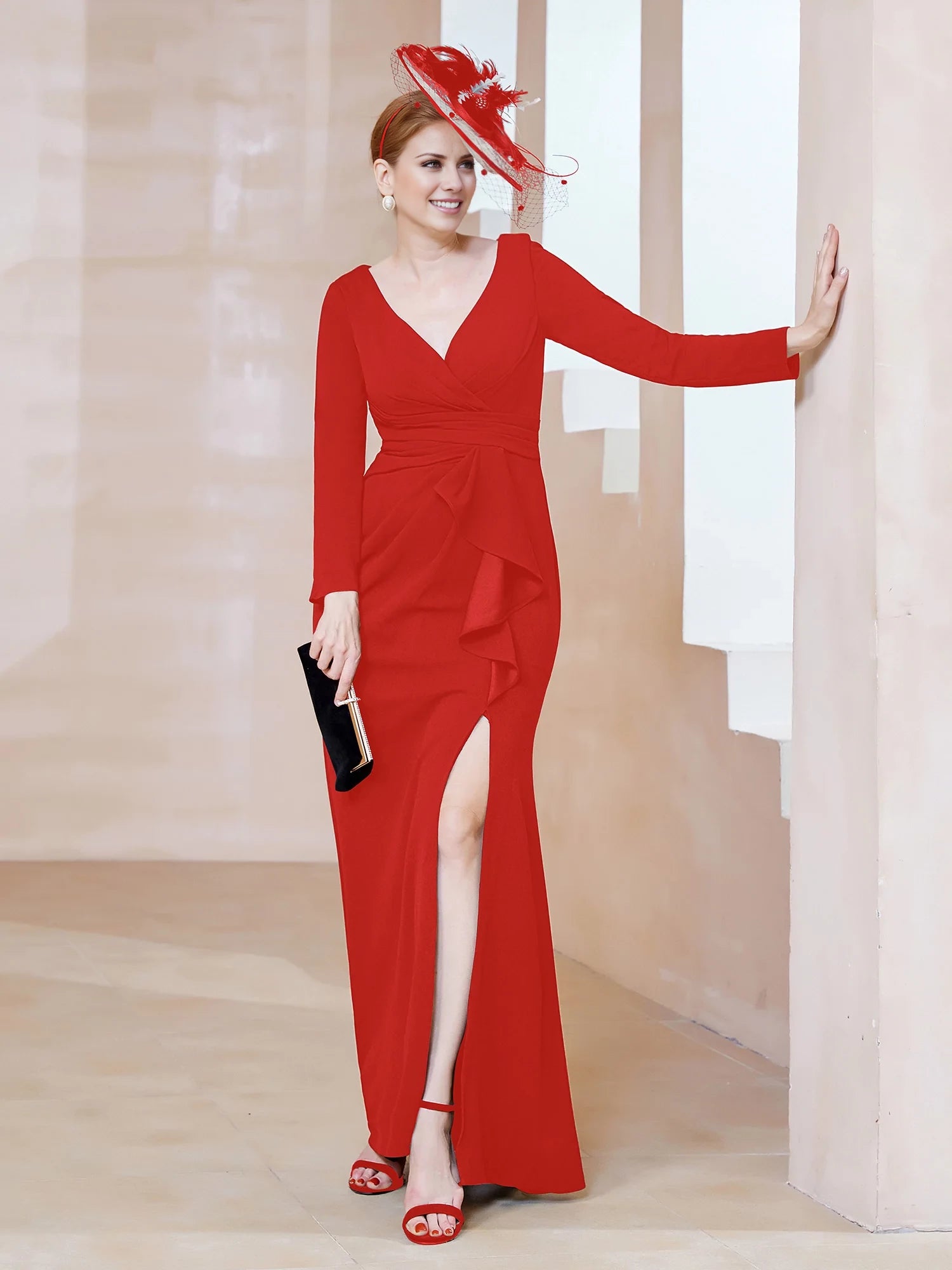 V-neck Pleated Long Dress With Slit  Mother of the Bride Dresses