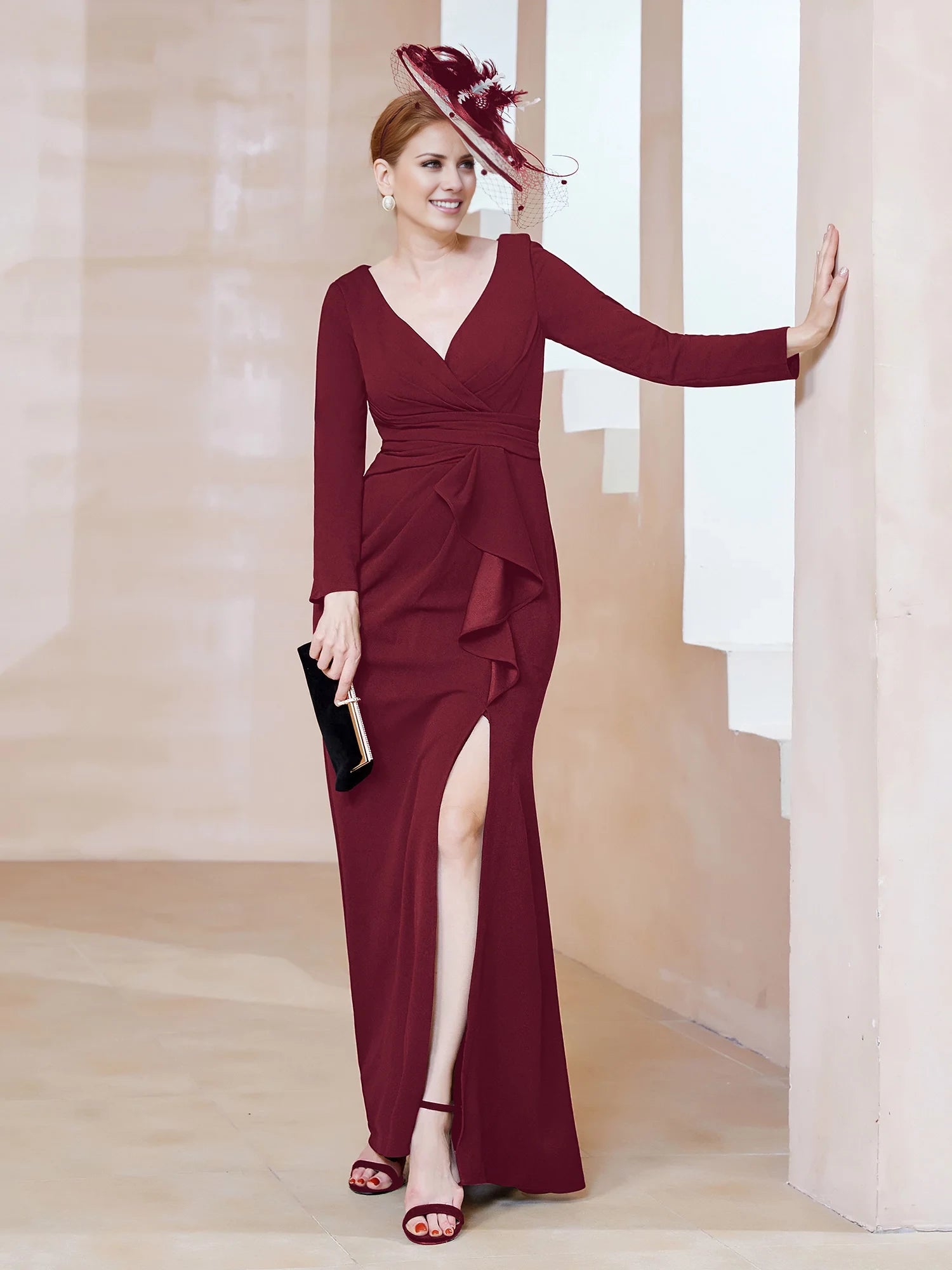 V-neck Pleated Long Dress With Slit  Mother of the Bride Dresses