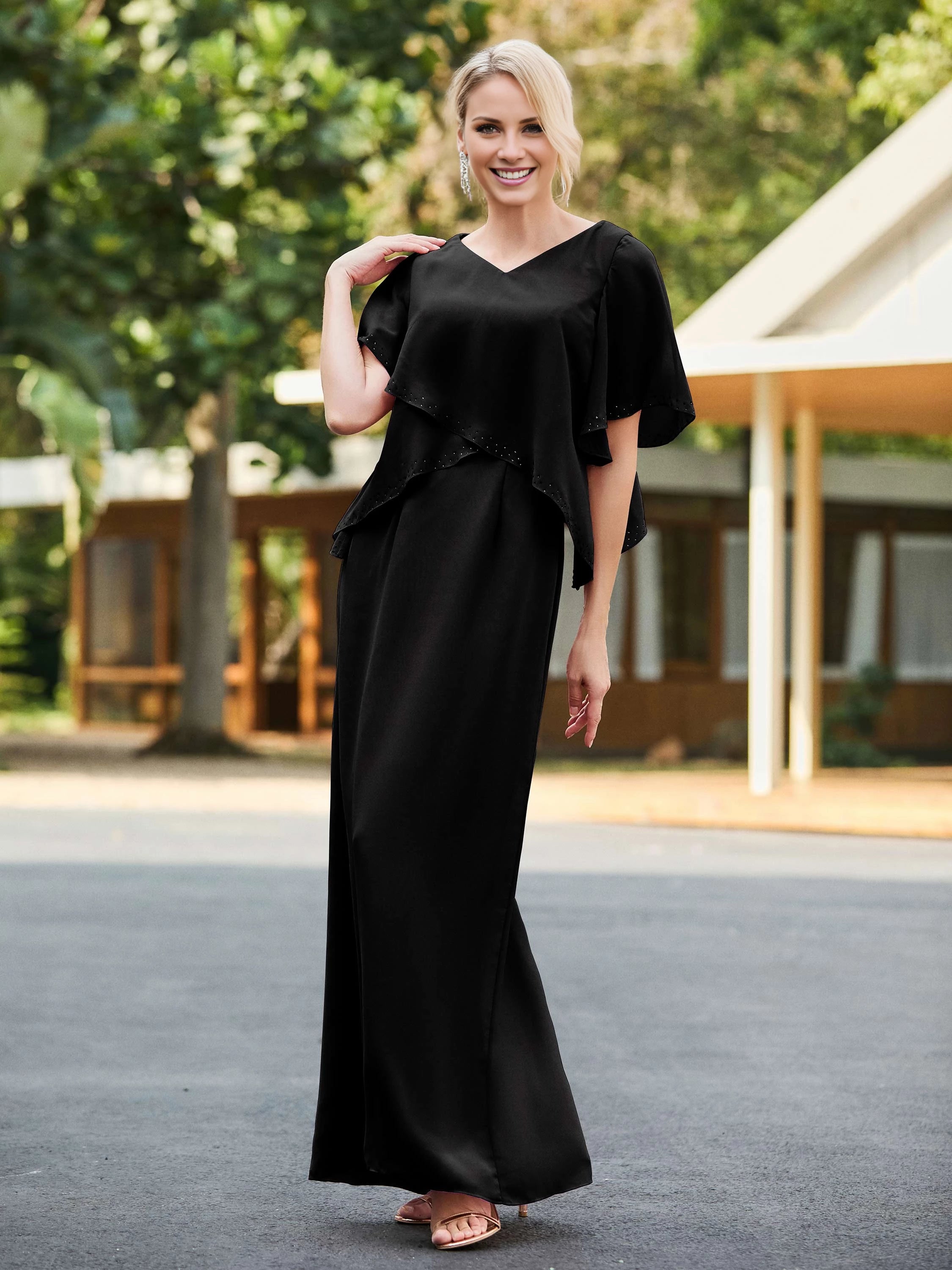 V-neck Sheath Dress with Back Hem Slit Mother of the Bride Dresses