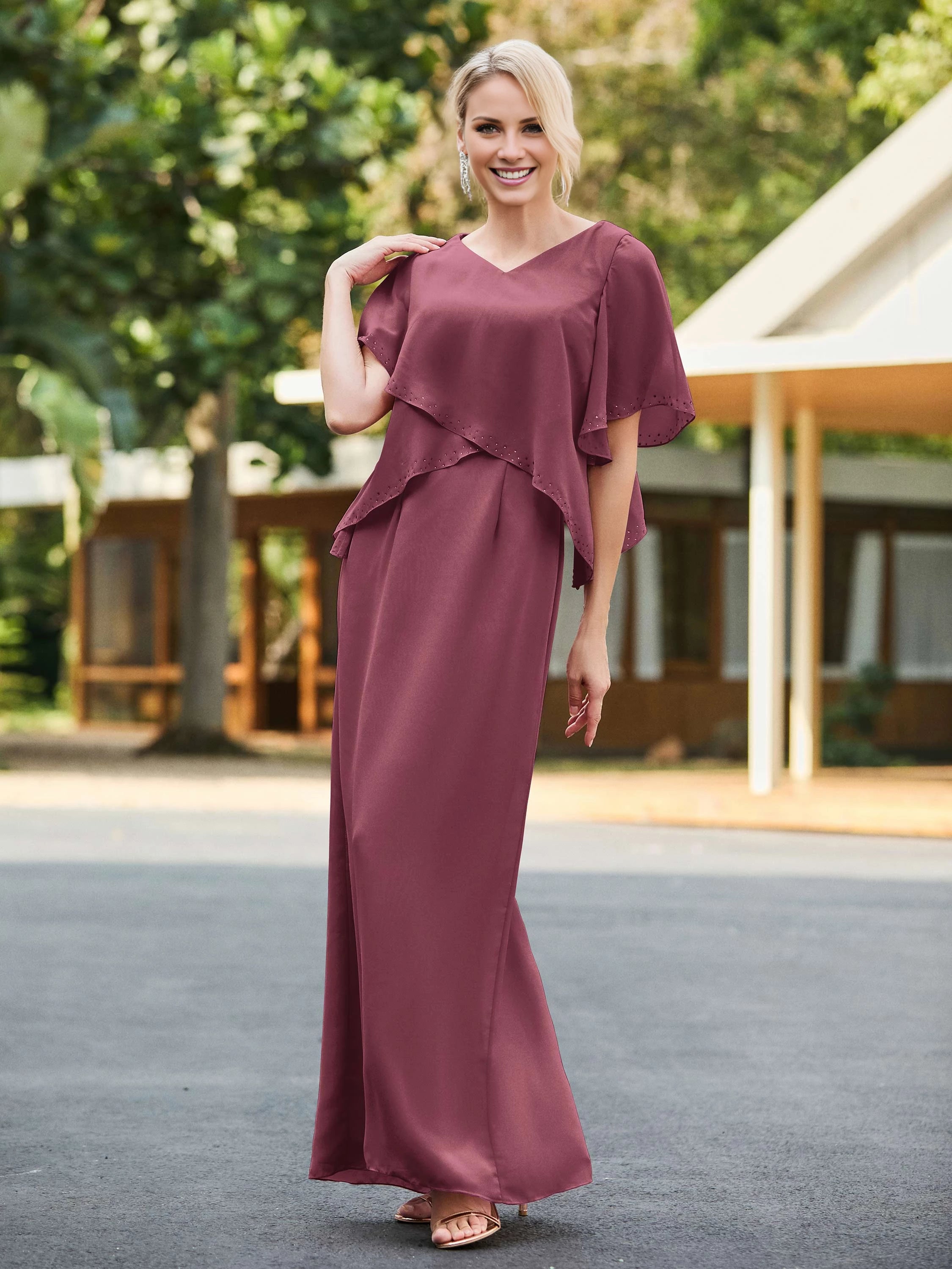 V-neck Sheath Dress with Back Hem Slit Mother of the Bride Dresses