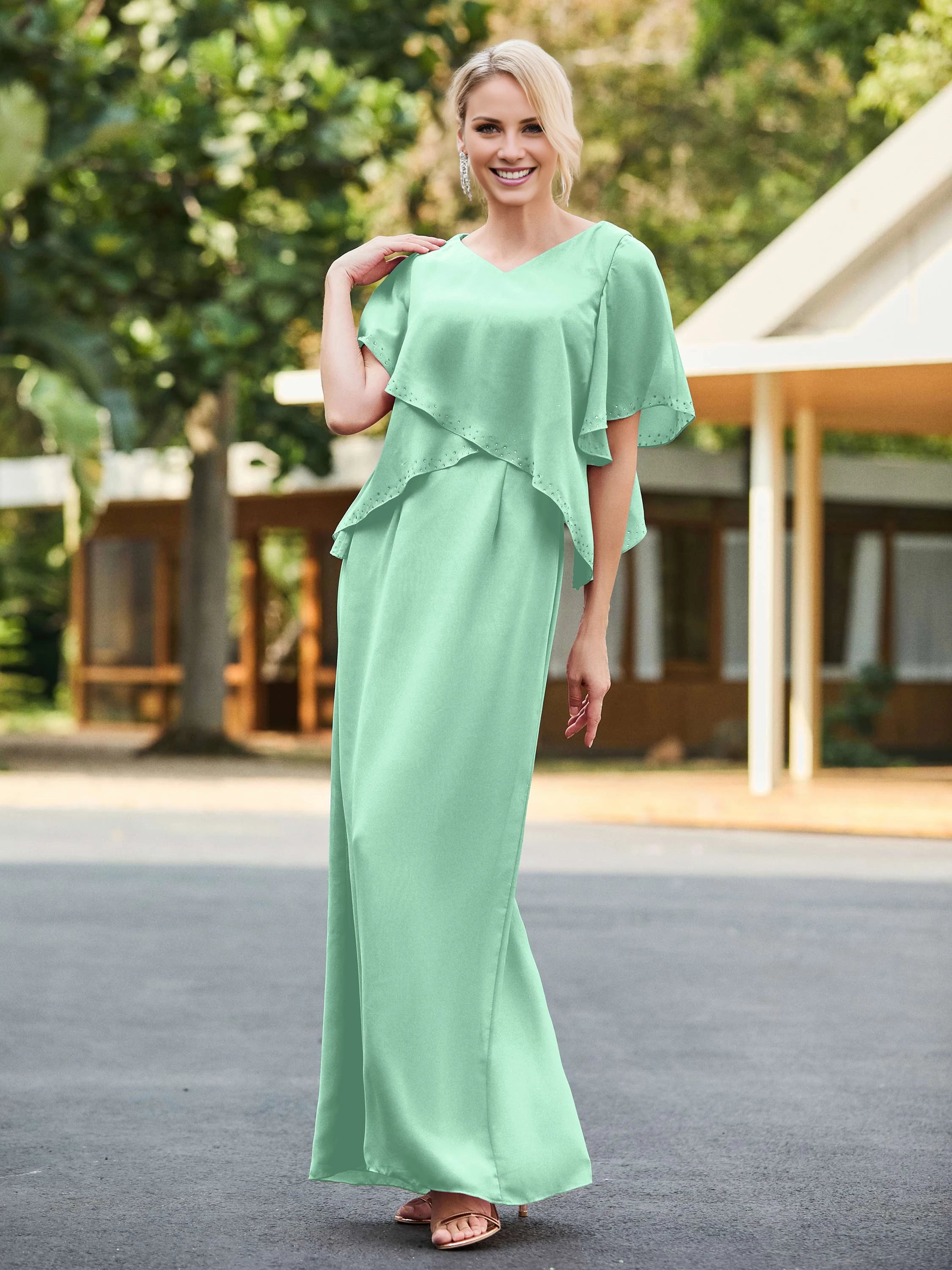 V-neck Sheath Dress with Back Hem Slit Mother of the Bride Dresses