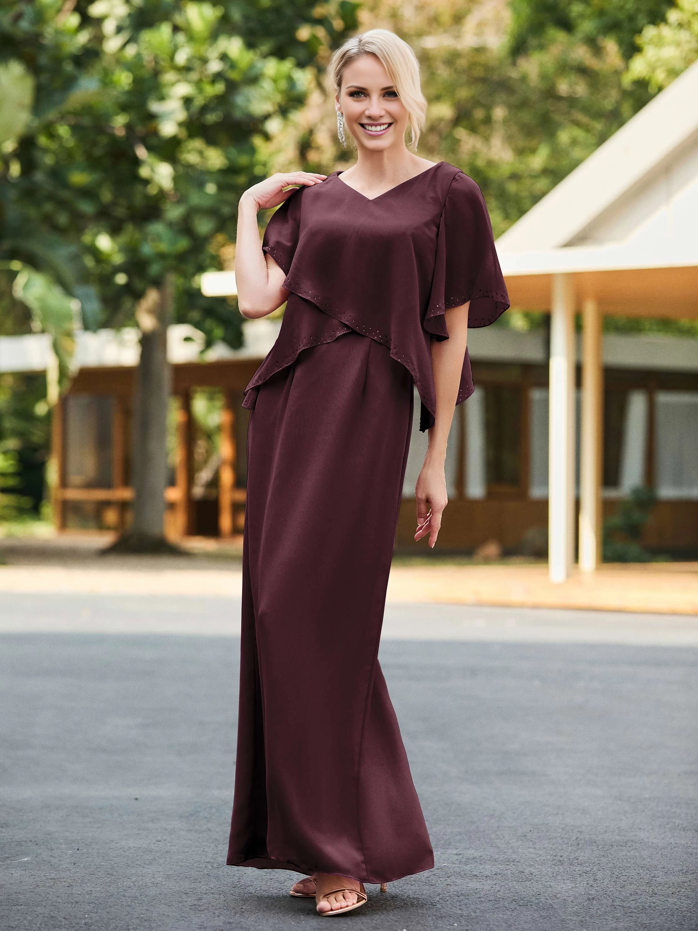 V-neck Sheath Dress with Back Hem Slit Mother of the Bride Dresses