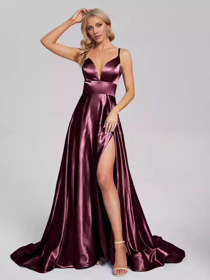 V neck Side Slit Soft Satin Prom Dress Split Fork