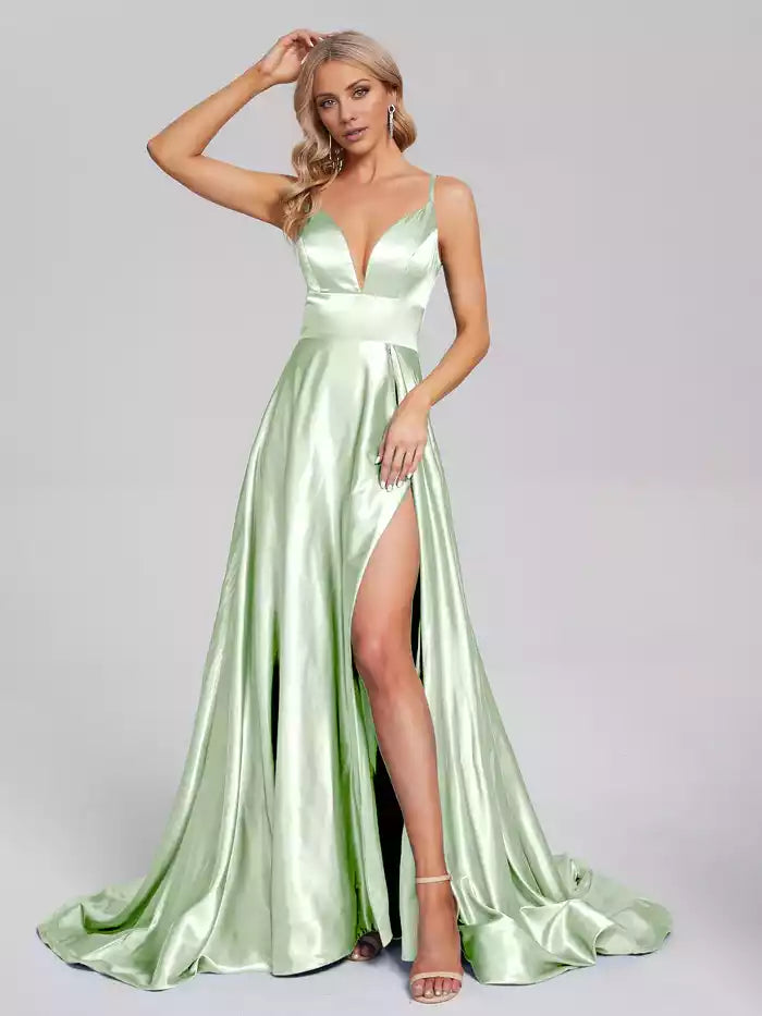 V neck Side Slit Soft Satin Prom Dress Split Fork