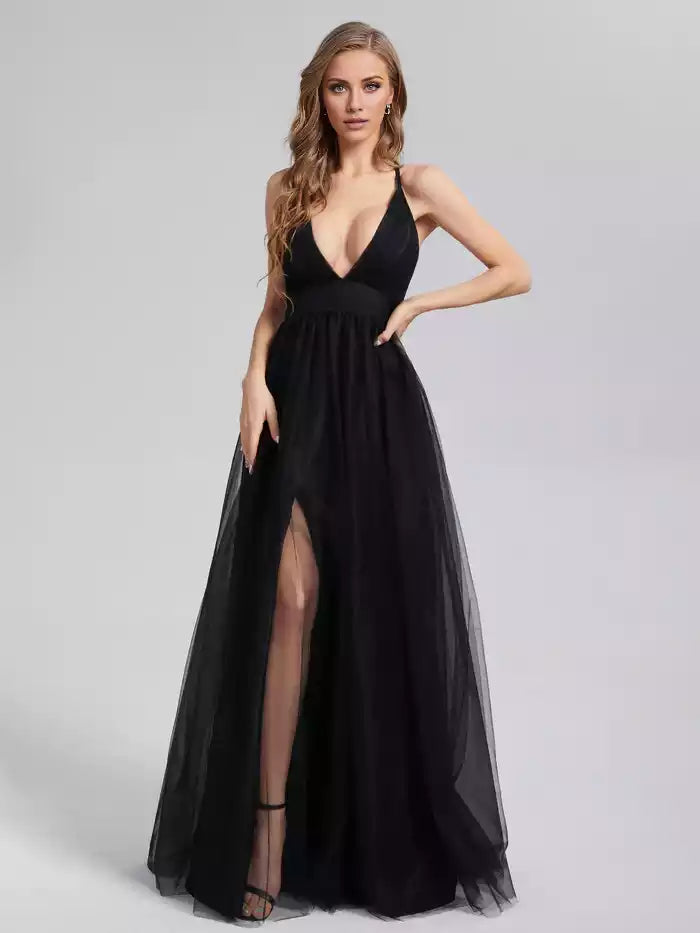 V neck Split Backless Spaghetti Strap Tulle Prom Dresses