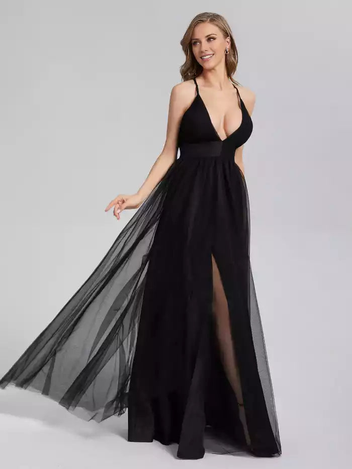 V neck Split Backless Spaghetti Strap Tulle Prom Dresses