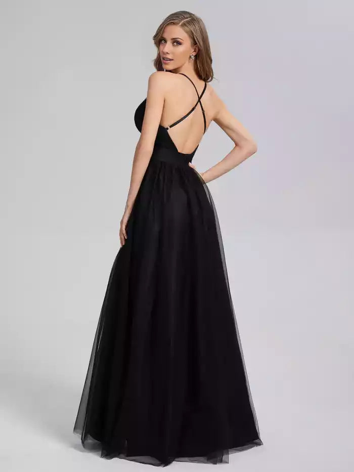 V neck Split Backless Spaghetti Strap Tulle Prom Dresses