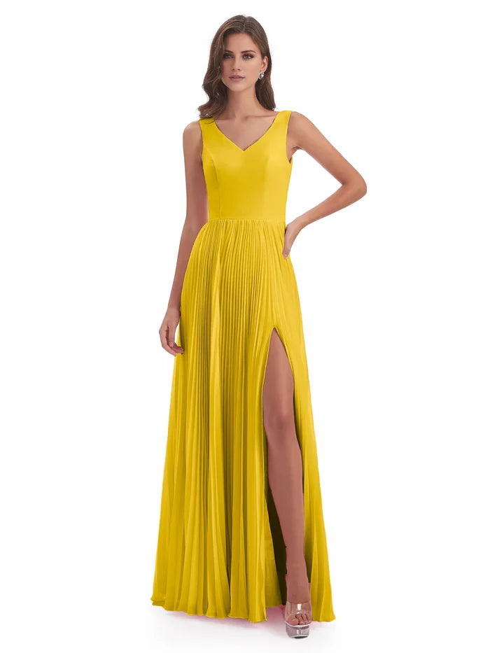 V-neck Split Chiffon Long Bridesmaid Dresses