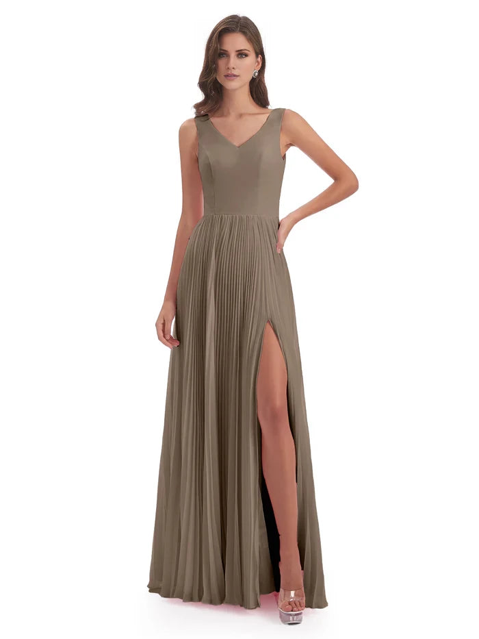 V-neck Split Chiffon Long Bridesmaid Dresses
