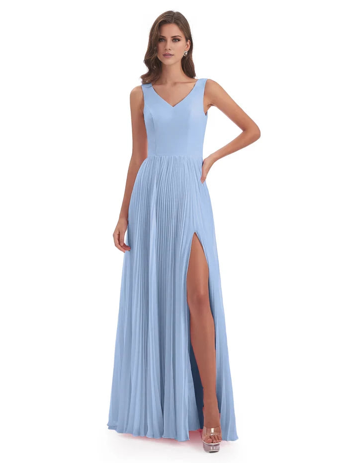 V-neck Split Chiffon Long Bridesmaid Dresses