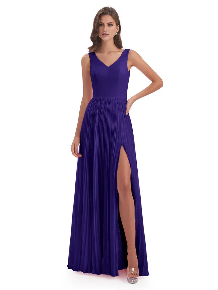 V-neck Split Chiffon Long Bridesmaid Dresses