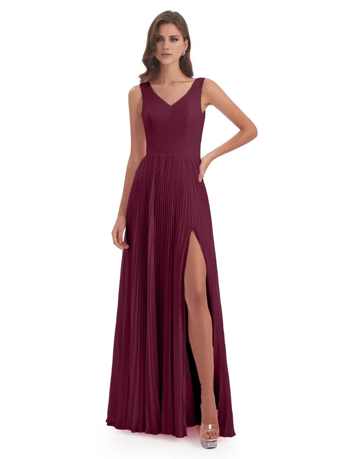 V-neck Split Chiffon Long Bridesmaid Dresses