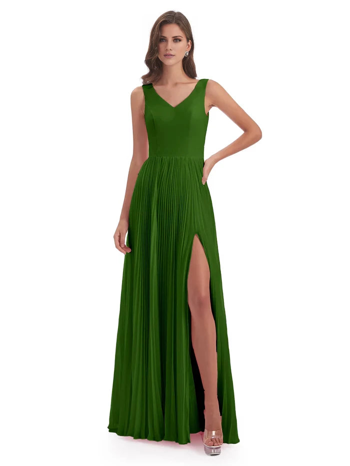 V-neck Split Chiffon Long Bridesmaid Dresses