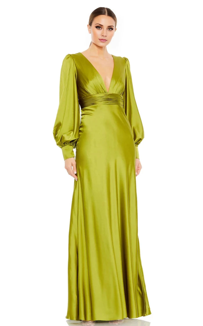 V-neckline Long A-line Puff Sleeves Dress Evening Dresses