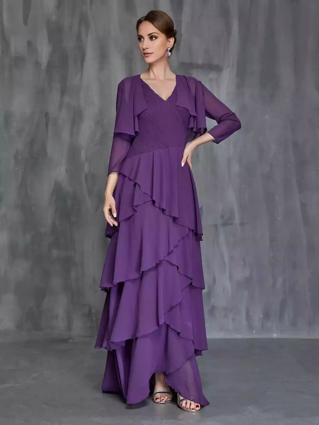 V-neckline long sleeves Womens' Layered Hem Dress  Chiffon Cardigan mother of the bride dress